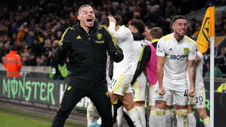 Leeds&#39; players celebrate during their comeback win over Wolves