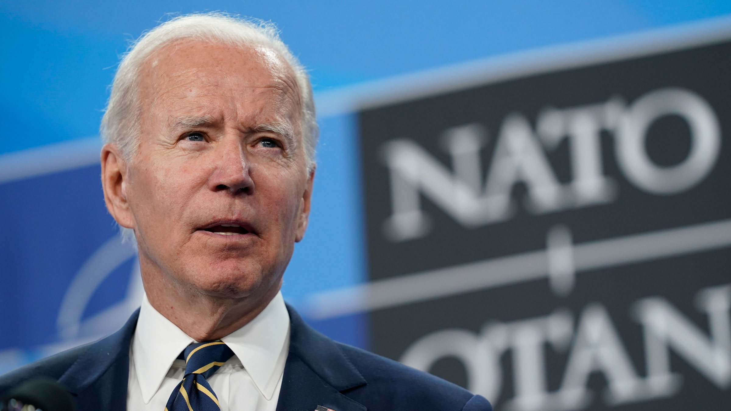 President Joe Biden speaks at a news conference in Madrid on Thursday.