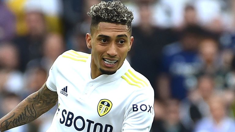 Leeds United&#39;s Raphinha during the English Premier League soccer match between Leeds United and Manchester City at Elland Road in Leeds, England, Saturday, April 30, 2022. (AP Photo/Rui Vieira)..