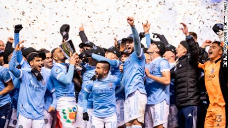 New York City FC players celebrate after winning the 2021 Audi MLS Cup Eastern Conference Final match against the Philadelphia Union 