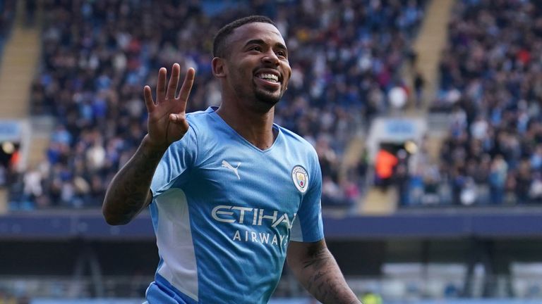 Gabriel Jesus celebrates his fourth goal against Watford