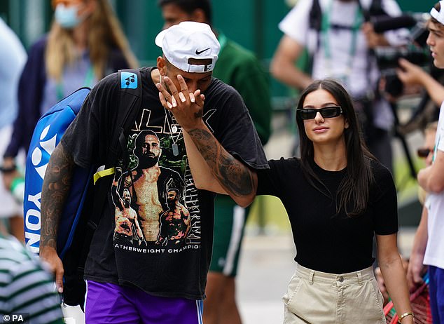 Nick Kyrgios packs on the PDA with girlfriend Costeen Hatzi as she cheers him on at Wimbledon