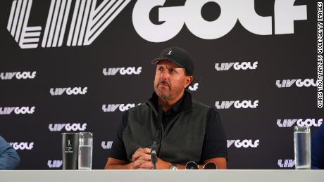 Mickelson looks on during a press conference at the Centurion Club.