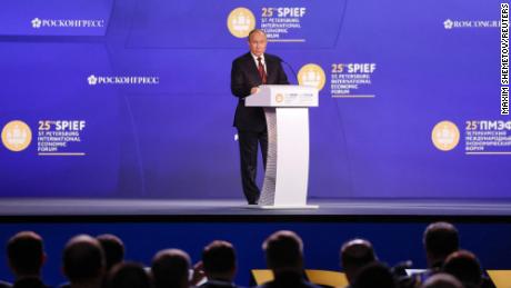 Russian President Vladimir Putin delivers a speech during a session of the St. Petersburg International Economic Forum in St. Petersburg on June 17, 2022.