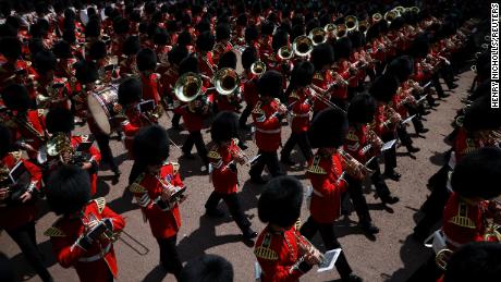 Household Division foot guards march in the Trooping the Colour parade.