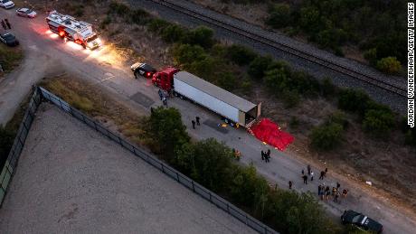 Law enforcement personnel on Monday investigate the abandoned truck in San Antonio, Texas.