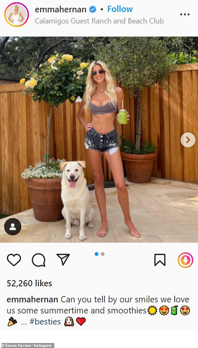 Selling Sunset’s Emma Hernan showcases her flat midriff in tiny bikini top and Daisy Duke shorts