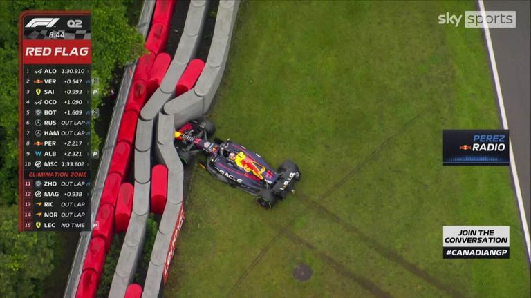 Sergio Perez ploughs his Red Bull into the wall at turn 3 to cause a red flag in the second session of qualifying at the Canadian GP.