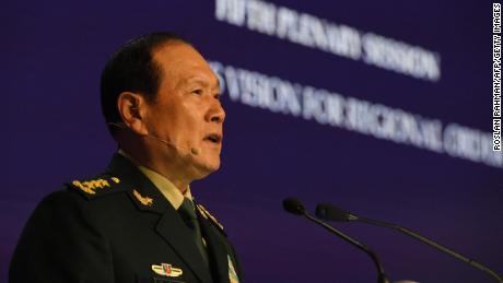 China&#39;s Defense Minister Wei Fenghe speaks at the Shangri-La Dialogue summit in Singapore on June 12.