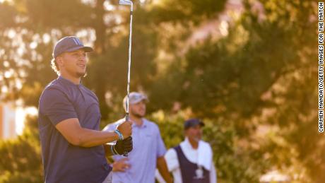 Patrick Mahomes and Josh Allen during a practice round at Wynn Golf Club on May 31 in Las Vegas. 