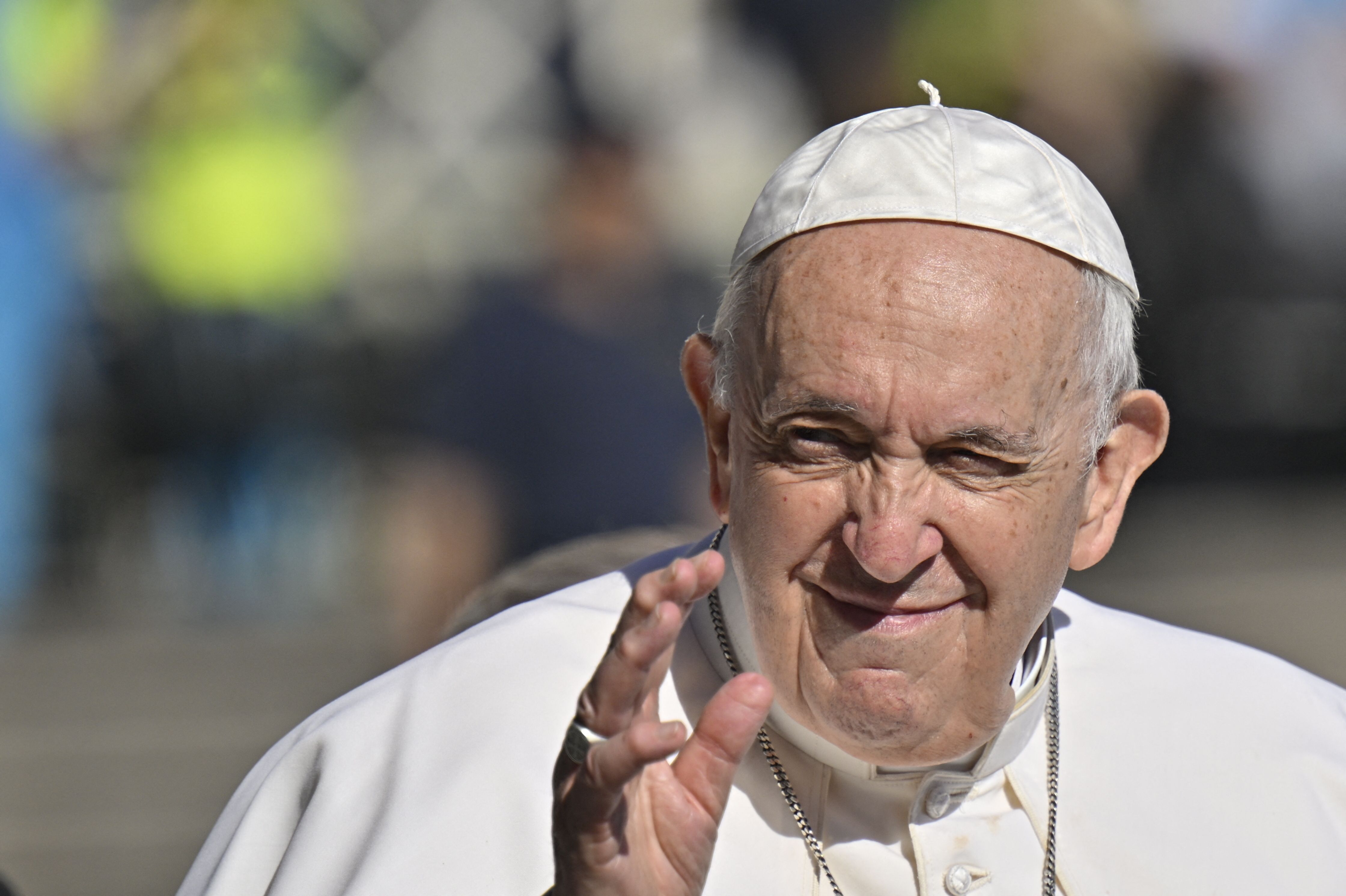 Pope Francis waves as he arrives for the weekly general audience on June 8, at St. Peter's Square in the Vatican. 