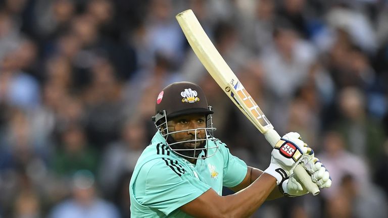 Kieron Pollard hit 34 as Surrey secured a four-wicket Vitality Blast victory over Hampshire Hawks to maintain their unbeaten start to the season