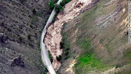 The highway between Gardiner and Mammoth was washed out by rapidly moving floodwaters.