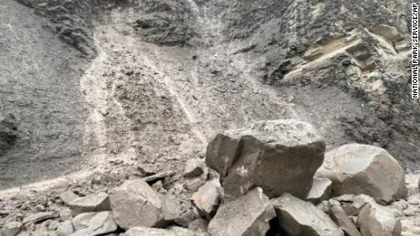 A large rockslide on North Entrance Road in Yellowstone National Park Monday.