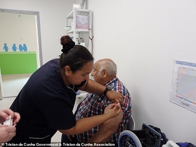 A Tristan da Cunha resident receiving an Oxford/AstraZeneca Covid vaccine in April last year.