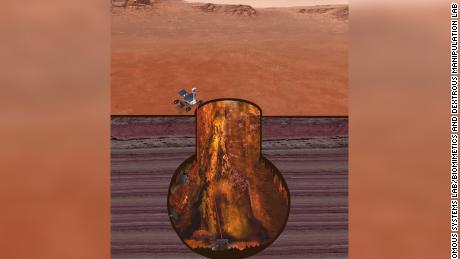 This illustration depicts how ReachBot would be tethered to a rover on the Martian surface.