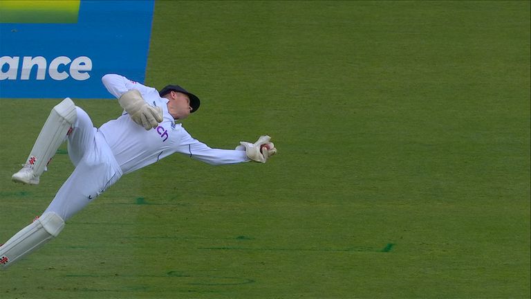 Jimmy Anderson takes his third wicket of the innings as Sam Billings claims a wonder catch to dismiss Shreyas Iyer.