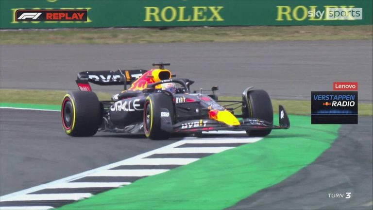 Red Bull's Max Verstappen locks up at Turn 3 due to the gusty winds at Silverstone. 