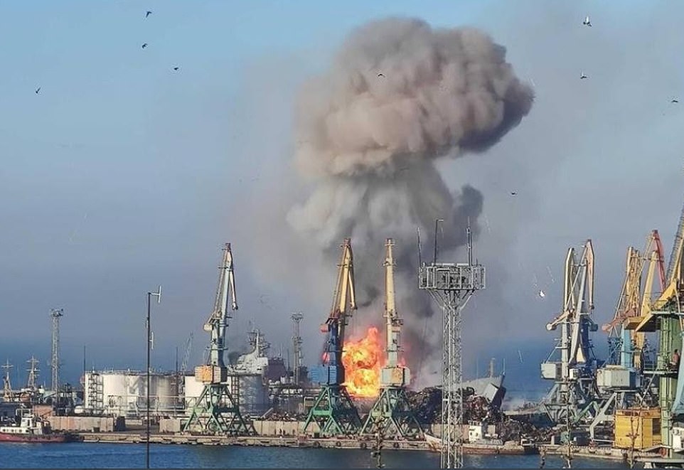 Flames and smoke are seen rising from a Russian Alligator-class landing ship docked at the port of Berdyansk, southern Ukraine, after Kyiv's navy claimed to have destroyed a vessel called Orsk - which later turned out to be the Saratov