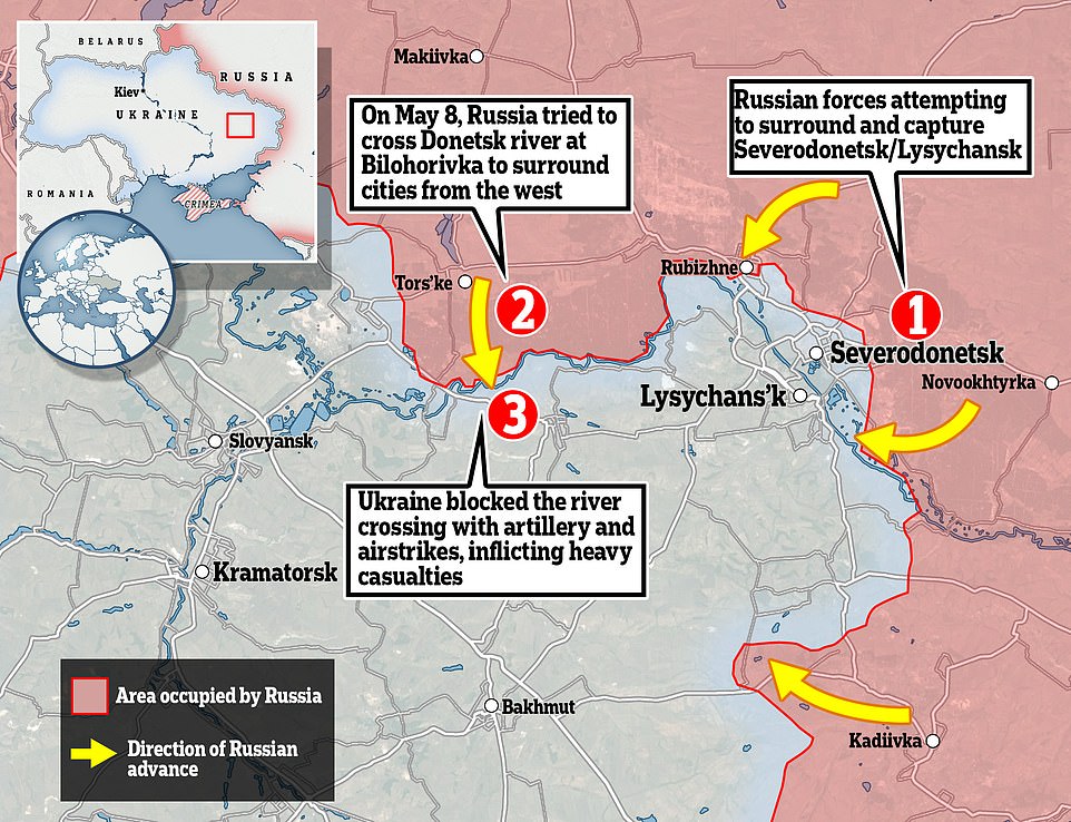 Ukrainian forces are trying to hold the cities of Severodonetsk and Lysychans'k from Russian troops, which have almost managed to surround them. The river crossing attempt was designed to complete the encirclement, but was foiled