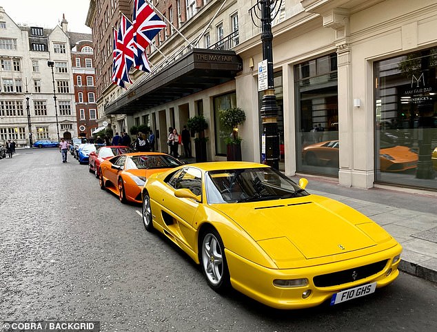 A £150,000 Lamborghini Murcielago and a bright yellow Ferrari F355, which can be listed for upwards of £180,000 on Autotrader, were also pictured parked outside the hotel