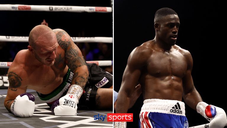 Richard Riakporhe after knocking down Fabio Turchi in the world cruiserweight title eliminator at the OVO Arena Wembley, London. Picture date: Saturday June 11, 2022.