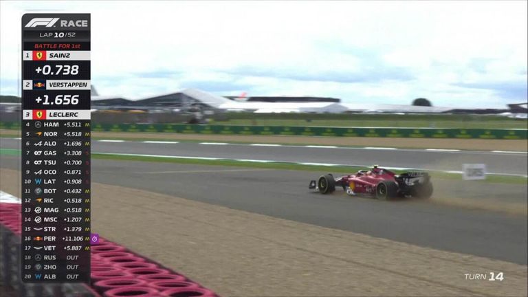 Carlos Sainz went off the track in his Ferrari as Max Verstappen took the lead of the British GP