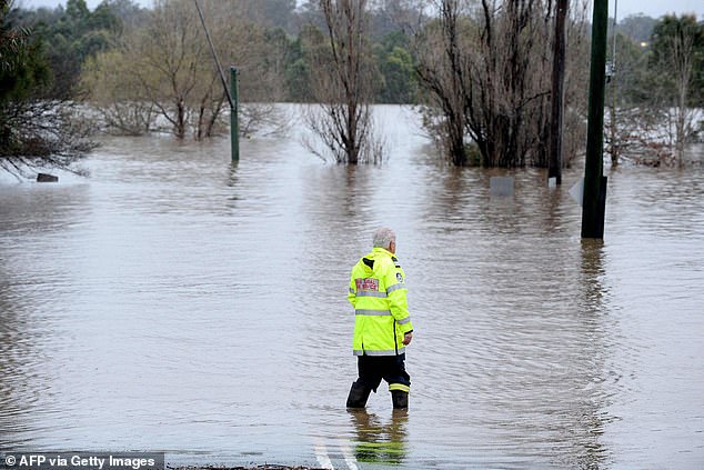 A rescue worker was seen surveying the damage in Camden on Sunday after the suburb southwest of Sydney was affected by the overflowing Nepean River