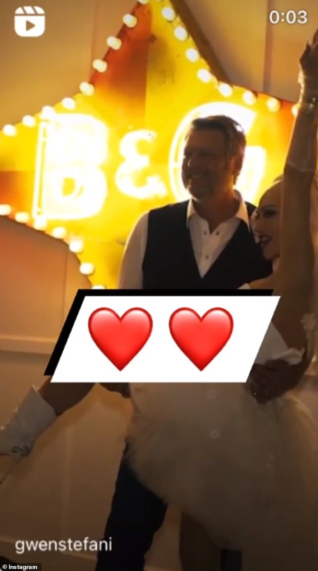 Red heart worthy: Stefani also shared the wedding video montage on her Instagram Stories, only this time she added a couple of red heart emojis across the clips