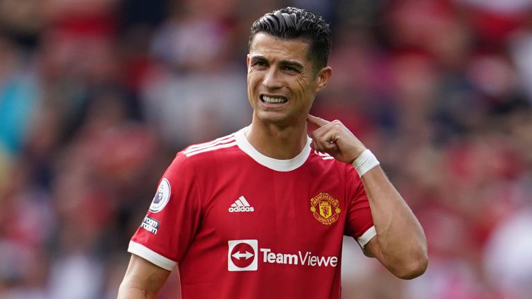 Cristiano Ronaldo reacts during the Premier League match between Manchester United and Aston Villa at Old Trafford (AP)