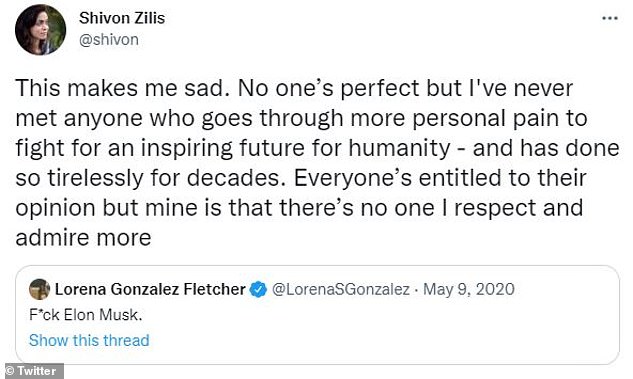 In 2020, Zilis posted a tweet defending Musk on his decision to move Tesla out of California over COVID-19 restrictions