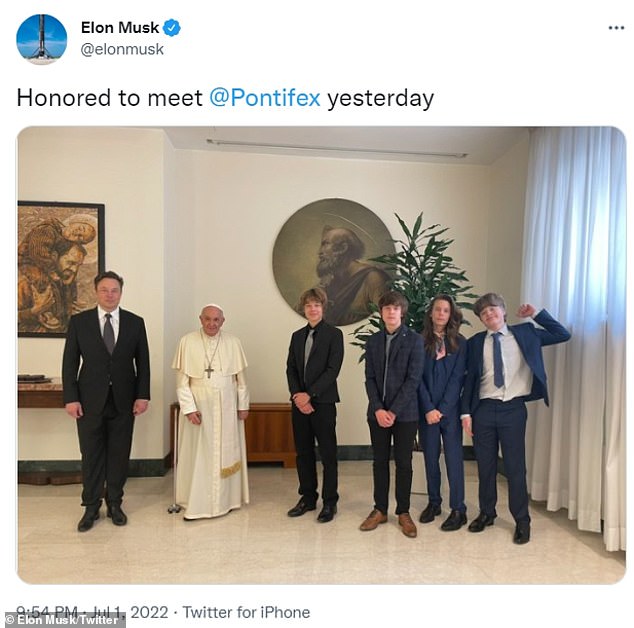 Elon Musk on Friday tweeted a photo of him meeting the Pope, accompanied by four of his five teenage children