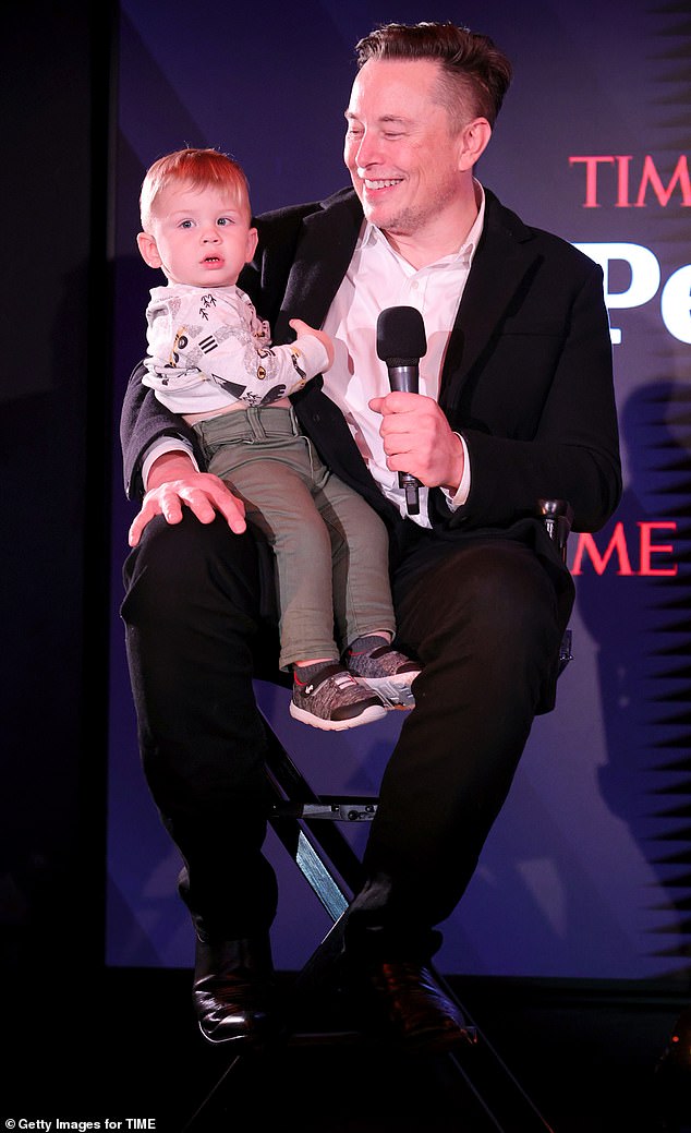 She noted that her son 'out there' because Musk has been 'bringing him to everything,' however she doesn't want her daughter to have the same attention. Musk and X are pictured in December 2021