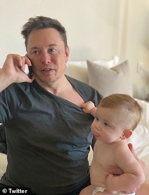 Describing her role in her son's life, Grimes told Vanity Fair that she has taken responsibility for 'handling his creative stuff,' while she notes that Musk 'really sees [X] as a protégé.' Musk and X are pictured in February 2021