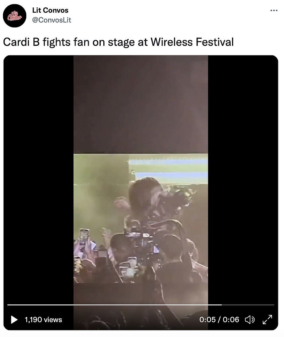 Social media: The fan captioned the video: 'Cardi B fights fan on stage at Wireless Festival'