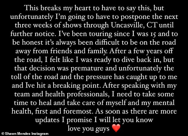 Focusing on himself: Mendes' latest sighting comes after he would be postponing several of his upcoming tour dates to 'take care of myself and my mental health' via Instagram earlier this month