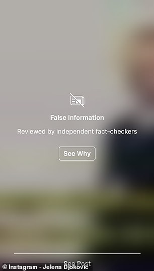 Instagram produced a 'False Information' warning on a video she posted back on April 1