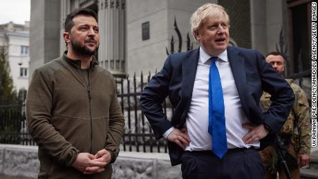 British Prime Minister Boris Johnson and Ukrainian President Volodymyr Zelensky walk at Khreschatyk Street and Independence Square during their meeting in Kyiv, Ukraine on April 9, 2022.