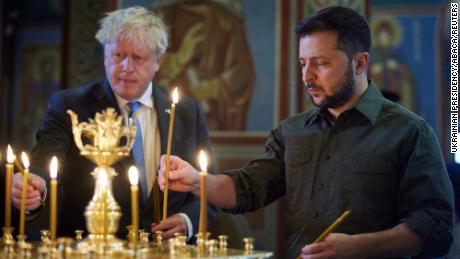 Volodymyr Zelensky and Boris Johnson visited St. Michael&#39;s Golden-Domed Monastery in Kiev, Ukraine, on June 17, 2022.