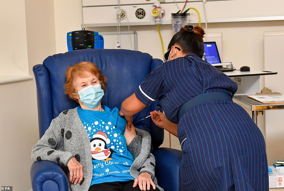 Despite facing criticism for his handling of elements of the response to the Coronavirus pandemic, Mr Johnson was widely praised for overseeing the development of effective vaccines and their subsequent fast rollout. The first vaccination, of 90-year-old grandmother Margaret Keenan (pictured), came on December 8, 2020