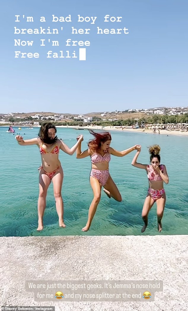 Fun-filled: In a video shared to her Story, Stacey slipped into a pink floral bikini as she took a plunge into the sea with her friends