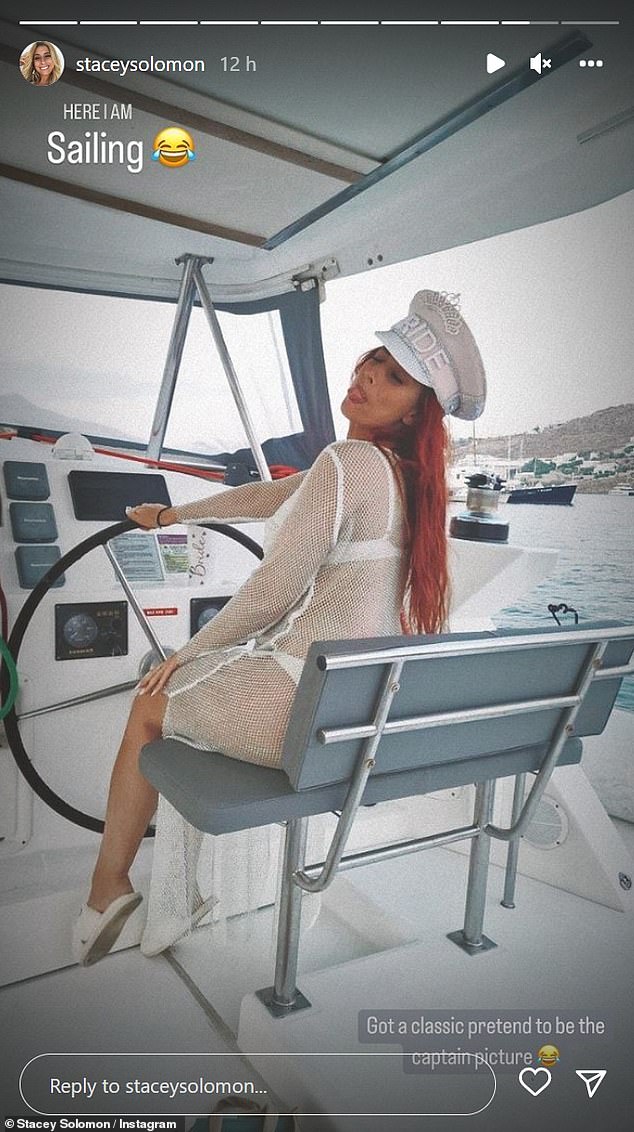 All aboard! Stacey posed at the wheel as she and pals enjoyed a yacht day out for the stunner's hen party