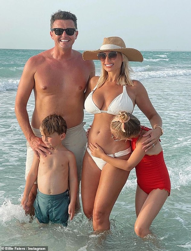 Happy news: Billie and husband Greg Shepherd, 37, announced their pregnancy news while on holiday in Abu Dhabi with daughter Nelly, seven, and son Arthur, five