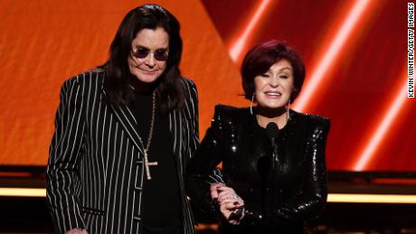 (From left) Ozzy Osbourne and Sharon Osbourne speak onstage during the 62nd Annual Grammy Awards at Staples Center on January 26, 2020, in Los Angeles. 