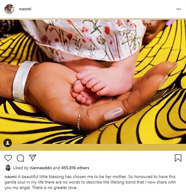 Model mum: Naomi announced she is a mother in May, four years after crediting science with giving her the opportunity to start a family 'whenever she wants'