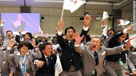 Japanese Prime Minister Shinzo Abe celebrating in Buenos Aires after Tokyo was chosen as the host city for the 2020 Summer Olympics in September 2013.