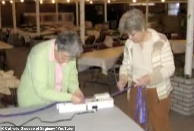 Edna, left, formed a sewing group at St. Agatha's Catholic Church, working with a dozen women to sew sun dresses for girls in need throughout the world