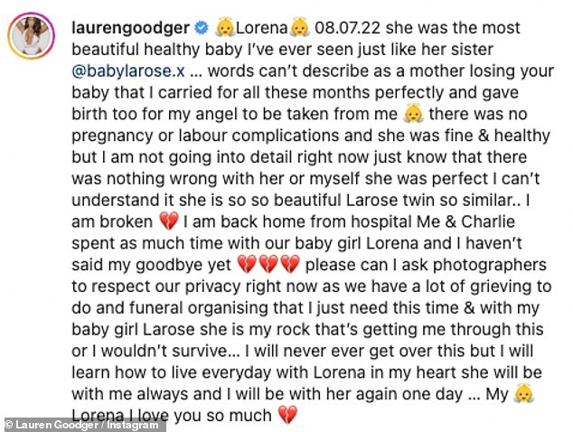 Unimaginable: Taking to Instagram to share a picture of Lorena touching her hand, Lauren wrote that she 'can't understand' why her daughter has passed away