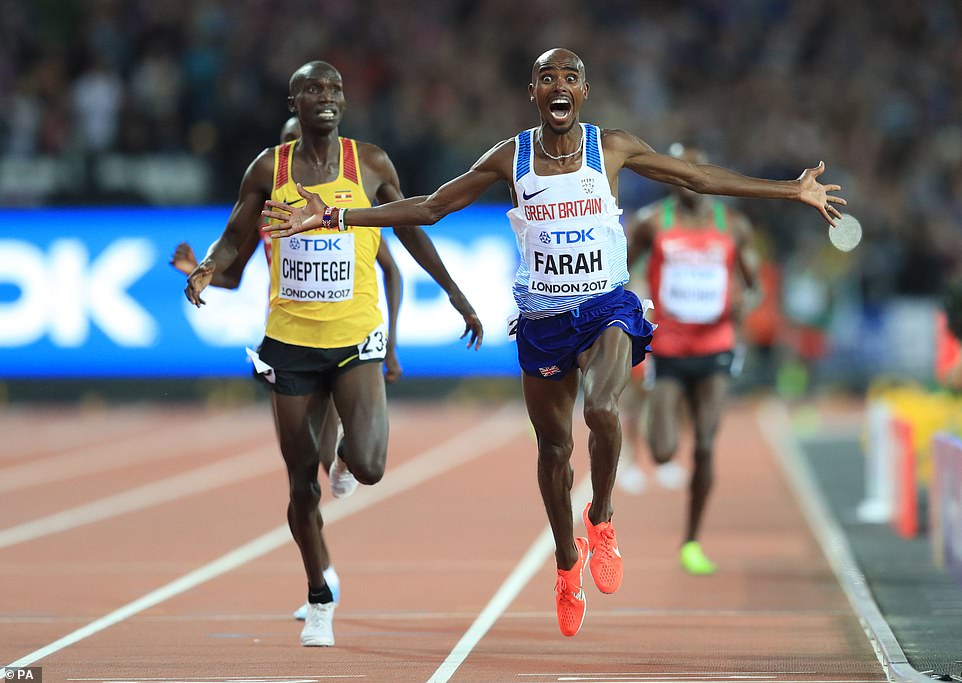 Sir Mo celebrates as he crosses the finishing line to take gold in the 10,000m Men's Final during day one of the 2017 IAAF World Championships