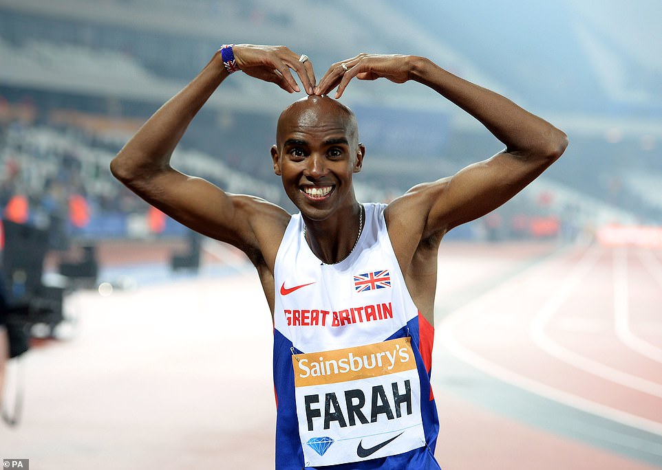 Sir Mo pictured in his trademark pose after winning the Men's 3000m Final during day one of the Anniversary Games at the Queen Elizabeth Olympic Park in 2015